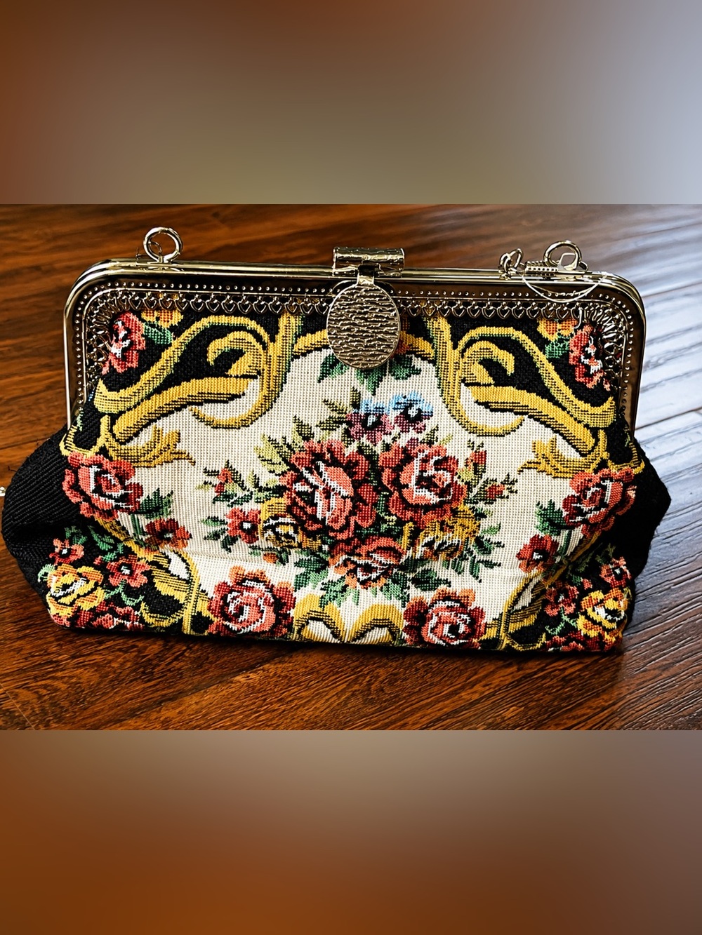 Floral Tapestry Frame Clutch in Cream, Red and Black